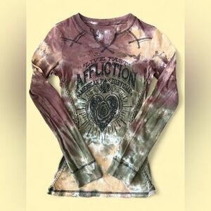 Affliction Women's Long Sleeve Top Brown & Green Tie Dye